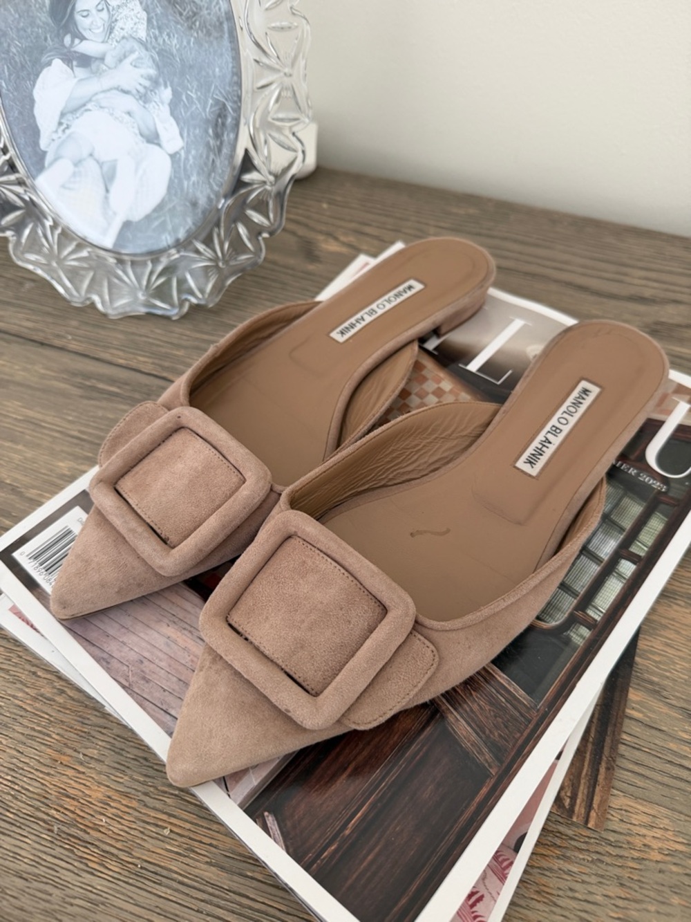 Manolo Blahnik Taupe Suede Pointed-Toe Buckle Mules